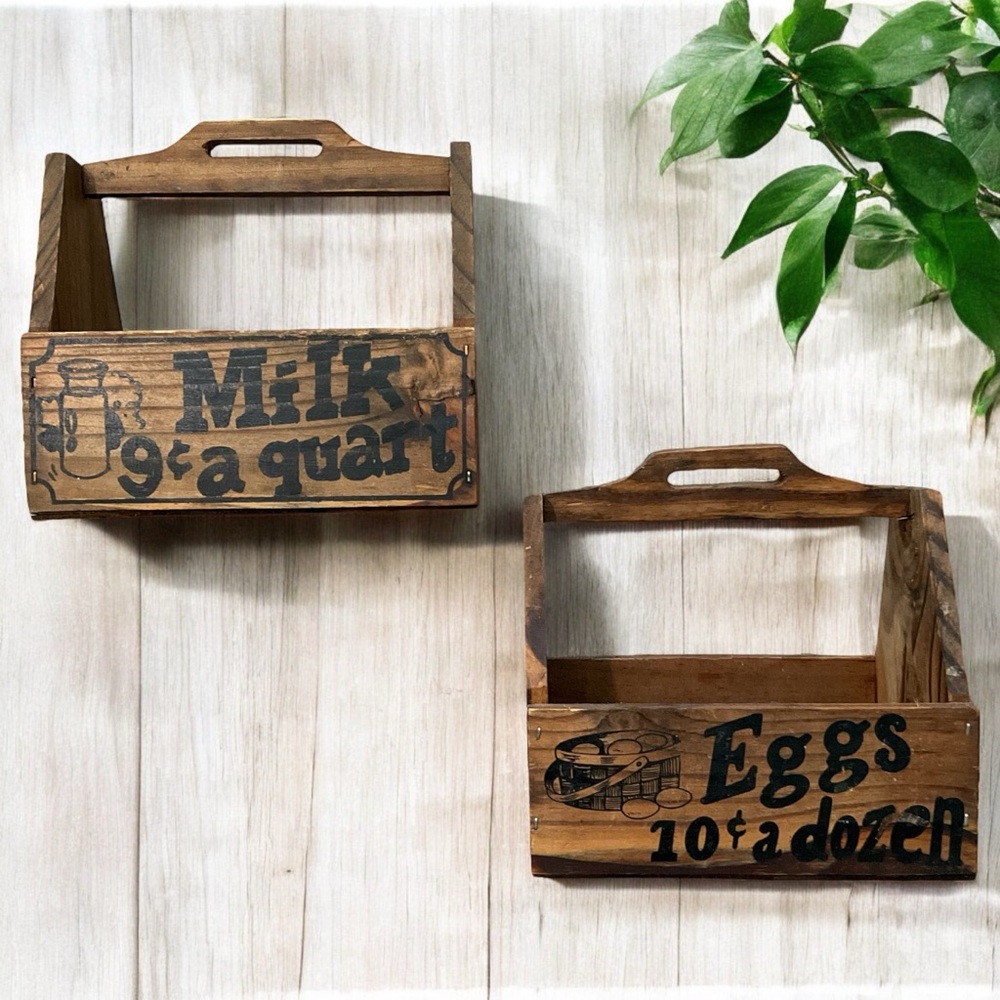 Vintage Rustic Small Wooden Crates With Handles Farmhouse Cottagecore Milk Eggs
